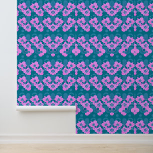 Roze bloemmotief op Blauwgroen achtergrond Behang