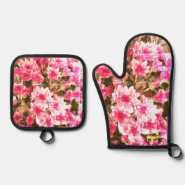 Roze Bloemmotief Ovenwant & Pannenlap Set
