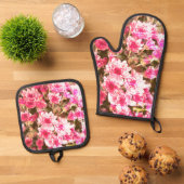 Roze Bloemmotief Ovenwant & Pannenlap Set (Top down)