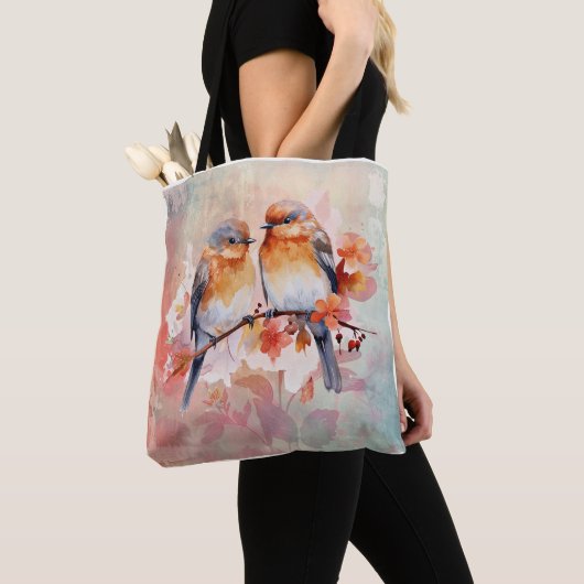 Roze bloemmotief over de hele stof tote bag (Dichtbij)
