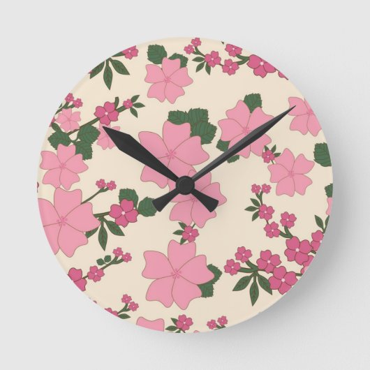 Roze Bloemmotief Ronde Klok (Voorkant)