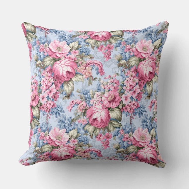 Roze Bloemmotief Vintage  Kussen (Voorkant)