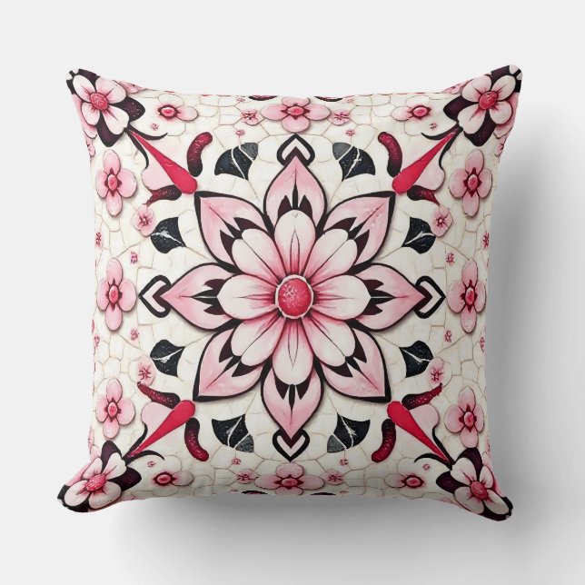 Roze Bloemmozaïek Sierkussen (Voorkant)