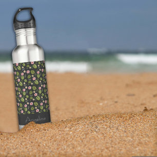 Roze bloemnaam waterverf groen waterfles 