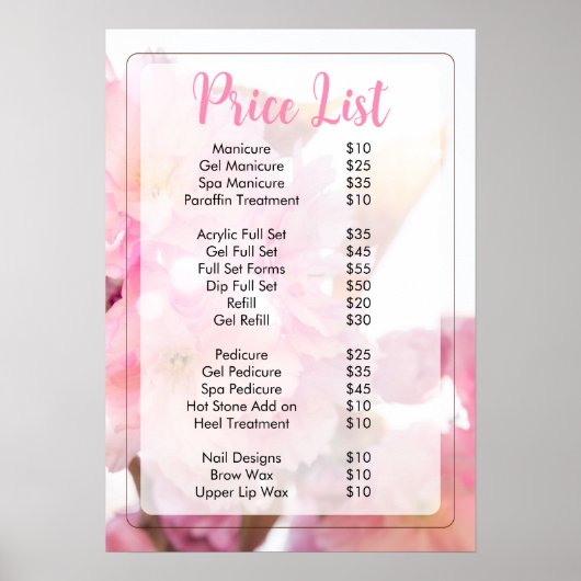 Roze Bloemnagel Salon prijslijst Menu Poster (Voorkant)
