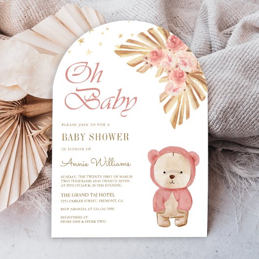 Roze Bloempampas Teddy Bear Arch Baby shower Kaart