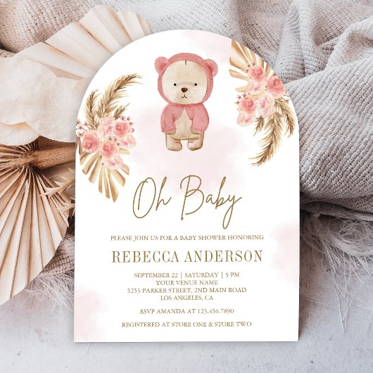 Roze Bloempampas Teddy Bear Arch Baby shower Kaart