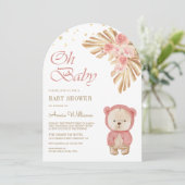 Roze Bloempampas Teddy Bear Arch Baby shower Kaart (Staand voorkant)