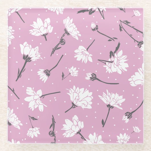 Roze Bloempatroon Design - Elegante Bloemkunst Glazen Onderzetter (Voorkant)