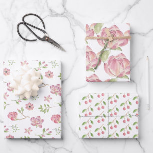 Roze bloempatroon inpakpapier plat vel set van 3