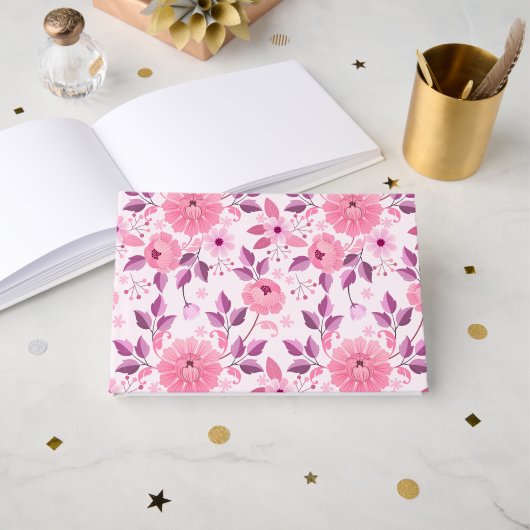 Roze bloempatroon met elegante bloesems gastenboek (Voorkant open)