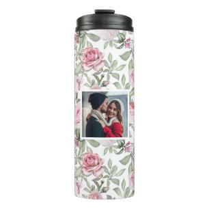 Roze bloempatroon met foto thermosbeker
