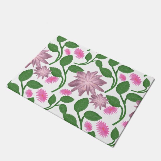Roze bloempatroon met groene bladeren deurmat (Schuin)