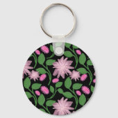 Roze bloempatroon met groene bladeren sleutelhanger (Voorkant)