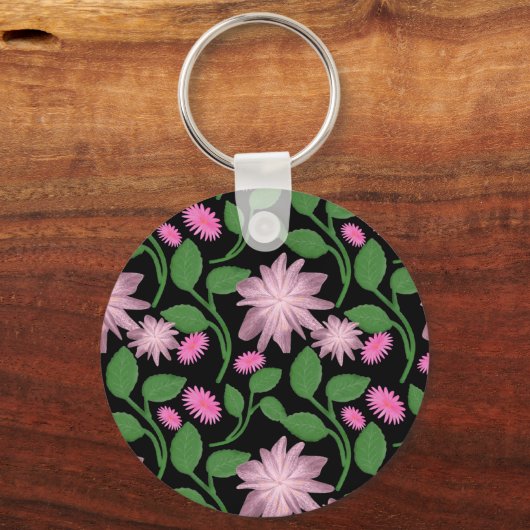 Roze bloempatroon met groene bladeren sleutelhanger (Voorkant)
