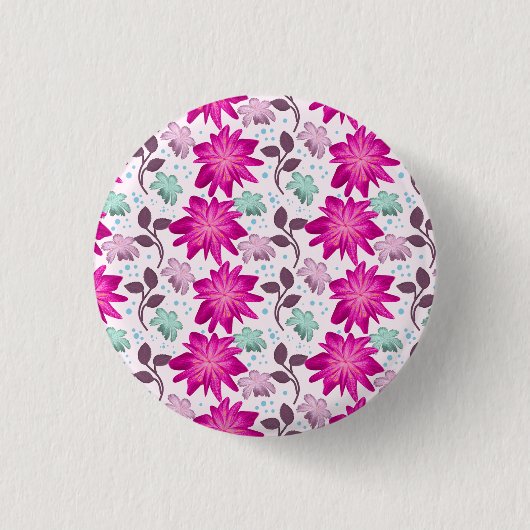 Roze bloempatroon ronde button 3,2 cm (Voorkant)