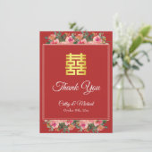 Roze bloemperony rode moderne chinese bruiloft bedankkaart (Staand voorkant)