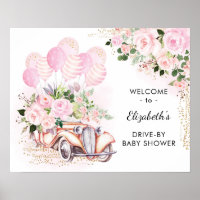 Roze bloemrijke auto rijdt langs babyshower welkom