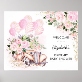Roze bloemrijke auto rijdt langs babyshower welkom poster