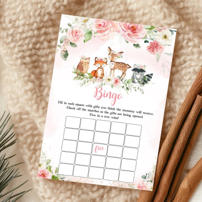 Roze Bloemrijke Bos Shower Bingo Spel (Girl Woodland Animals Baby Shower Bingo Game)