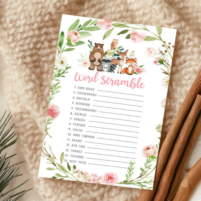 Roze Bloemrijke Bos Woordzoekspel (Girl Woodland Animals Baby Shower Word Scramble Game)