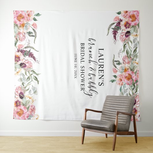 Roze bloemrijke brunch & bubbel bruidsfotobackdrop wandkleed (In Situ (horizontaal))
