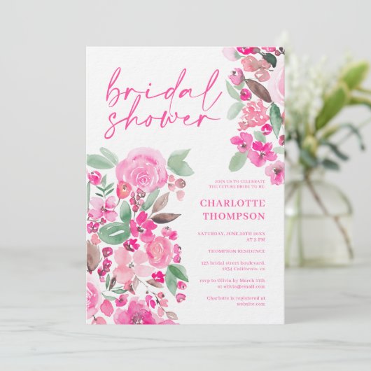 Roze bloemrijke casual script bruidsmeisjesfeest kaart (Staand voorkant)