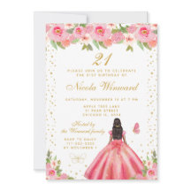 Roze bloemrijke donkere huid prinses verjaardagsfe