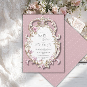 Roze bloemrijke elegante gouden lijst baby shower  kaart