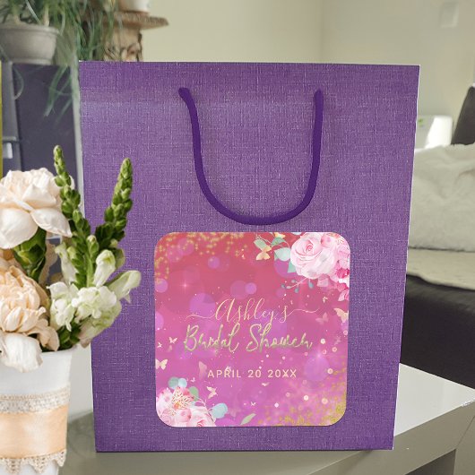 Roze bloemrijke fancy elegante romantische bruidsu vierkante sticker