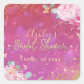 Roze bloemrijke fancy elegante romantische bruidsu vierkante sticker (Voorkant)