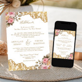 Roze Bloemrijke Gouden Kant QR Code Moslim Bruilof Kaart
