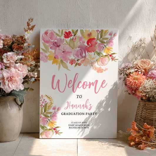 Roze bloemrijke handgeschilderde welkom bij afstud poster