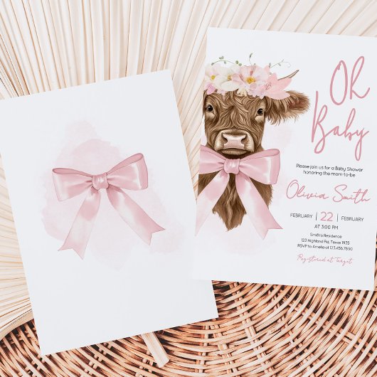 Roze Bloemrijke Hoogland Koe Baby Shower Kaart
