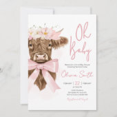 Roze Bloemrijke Hoogland Koe Baby Shower Kaart (Voorkant)