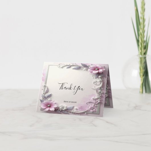 Roze bloemrijke kader bedankkaart (Voorkant)