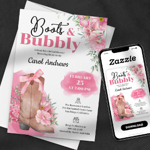 Roze Bloemrijke Laarzen & Bruisende Bruiloftfeest Kaart