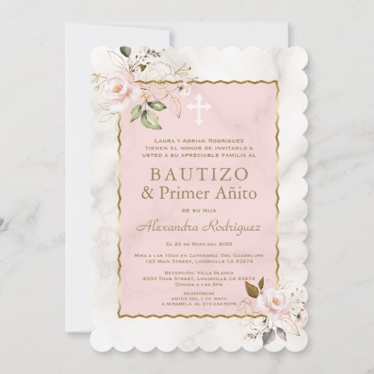 Roze bloemrijke marmeren Spaanse 1e verjaardag Doo Kaart (Voorkant)