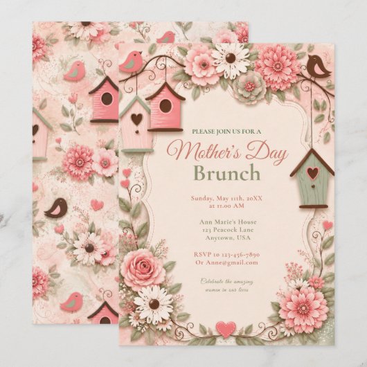 Roze bloemrijke Moederdag brunch Kaart (Voorkant / Achterkant)