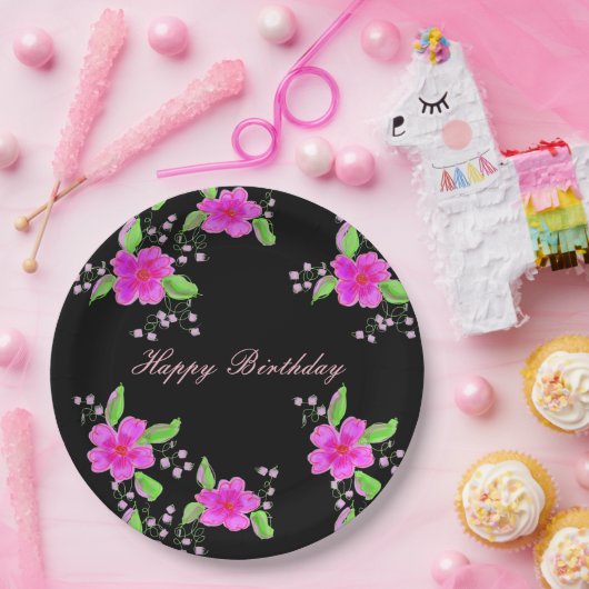  roze bloemrijke papieren verjaardagsdecor papieren bordje (Feest)