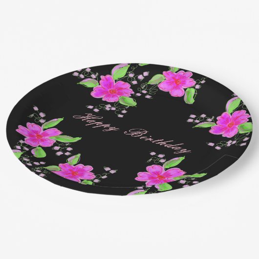 roze bloemrijke papieren verjaardagsdecor papieren bordje (Gekanteld)
