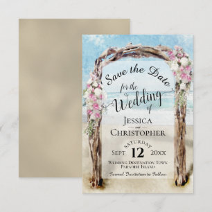 Roze bloemrijke rustieke drijfhout strandprieel br save the date