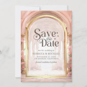 Roze bloemrijke sprookjeskasteel bruiloft save the date (Voorkant)
