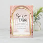 Roze bloemrijke sprookjeskasteel bruiloft save the date (Staand voorkant)