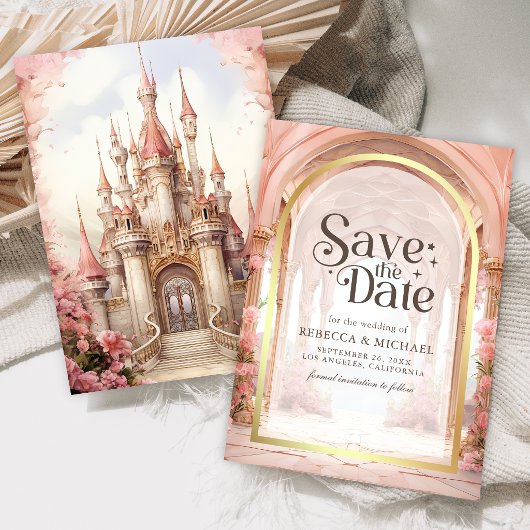 Roze bloemrijke sprookjeskasteel bruiloft save the date