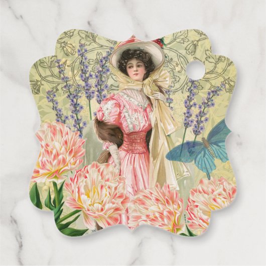 Roze Bloemrijke Victoriaanse Vrouw Regency Bedankjes Labels (Achterkant)