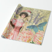 Roze Bloemrijke Victoriaanse Vrouw Regency Cadeaupapier (Uitgerold)
