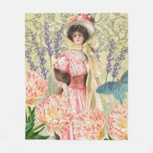 Roze Bloemrijke Victoriaanse Vrouw Regency Fleece Deken