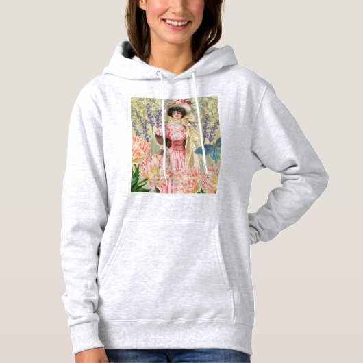 Roze Bloemrijke Victoriaanse Vrouw Regency Hoodie (Voorkant)
