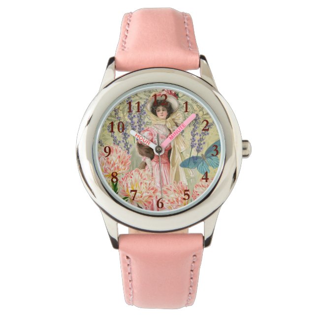 Roze Bloemrijke Victoriaanse Vrouw Regency Horloge (Voorkant)